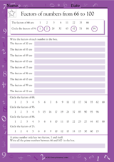 Factors of Numbers from 66 to 100 (Grade 5)
